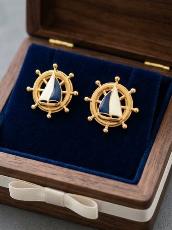 Avon Jewelry - Avon Gold-Tone Nautical Ship Wheel Earrings with Navy and White Sails